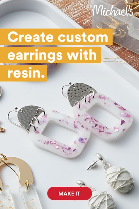 These shimmery earrings can be customized in endless ways by adding foils and/or glitters to UV resin. Ready in just minutes! Resin Earrings Diy Silicone Molds, Resin Earrings Diy, Diy Resin Earrings, Pinterest Template, Earring Shapes, Diy Silicone, Resin Jewelry Diy, Mold Kit, Resin Tutorial