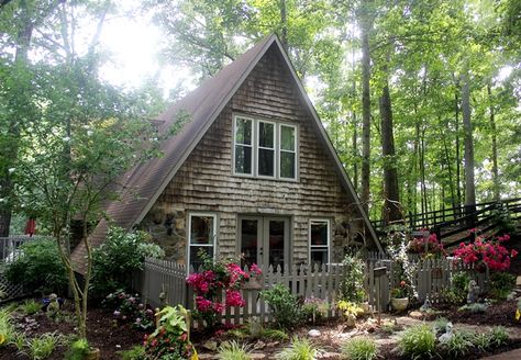 French Country is not really my style, but i love the outside.  Hometalk :: French Country A-frame Cottage Cedar Clapboard Siding, Antique Brick, Clapboard Siding, A Frame Cabins, Brick Kitchen, Cabin In The Woods, Tudor House, A Frame Cabin, French Cottage