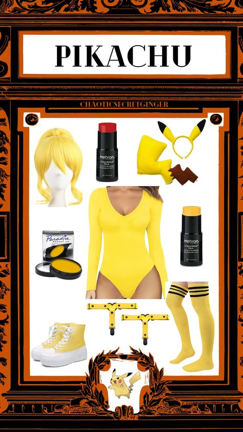 Pikachu costume, yellow wig, yellow bodysuit, yellow facepaint, red facepaint, yellow platform sneakers, yellow garters, Pikachu ears and tail, yellow thigh high socks Diy Pikachu Costume Women, Pokemon Costumes Women, Spicy Costume, Pikachu Costume Women, Pikachu Costume Diy, Pikachu Makeup, Pikachu Diy, All The Pokemon, Pikachu Cosplay