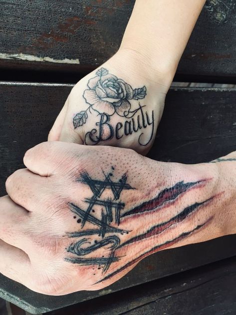 Beauty And Beast Tattoo Ideas, His And Hers Beauty And The Beast Tattoo, His And Her Beauty And The Beast Tattoos, Beast And Beauty Tattoo, His Beauty Her Beast Tattoo Couples, Beauty Beast Couple Tattoo, Beauty And The Best Couple Tattoos, Matching Tattoos Couples Beauty Beast, Drawings For Tattoos Ideas