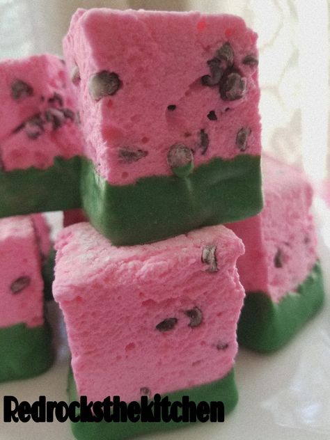 Watermelon Marshmallow, Colored Chocolate, Watermelon Party, Homemade Marshmallows, Chocolate Wafers, Flavored Oils, Mini Chocolate Chips, Chocolate Chips, Marshmallows