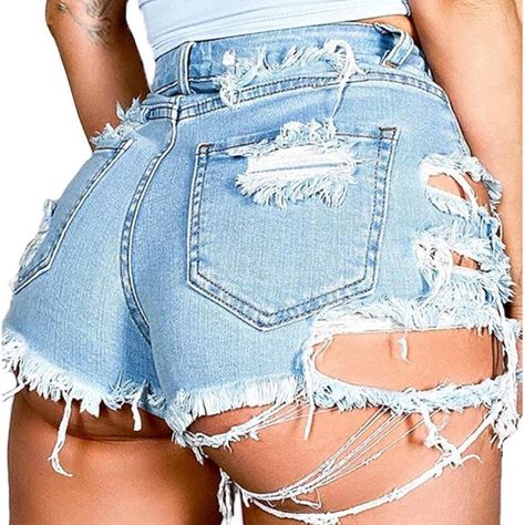 Denim Distressed Shorts Brand New Stretchy Shorts And Very Trendy Cheeky Shorts Outfit Women, Ripped Denim Shorts Women, Bodysuit And Jean Shorts, Short Shorts Outfit Women, Ripped Denim Shorts Outfit, Mini Shorts Outfit, Mini Jeans, Cut Out Jeans, Denim Short Shorts