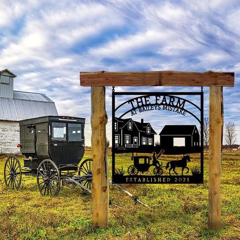 Farmhouse Metal on Instagram: "Custom metal farm sign for The Farm at Bailey's Mistake in Readfield, Maine. famrhousemetalsign.etsy.com #amish #amishcountry #maine #amishfarm #farm #ranch #farmlife #ranchlife #farmhouse #farmsign #ranchsign #entrancesign #outdoorsign #sign #signs #customsign #customsigns #metalsign #metalsigns #custommetalsigns #farmhousemetal #outdoorsigns #customgift #gift #giftideas #gifts #giftsforfriends #giftsformom #giftsfordad" Gate Signs Entrance, Entrance Wall Art, Steel Home Decor, Custom Farm Signs, Metal Farm Sign, Farm Entrance, Entrance Wall, Gate Signs, Amish Farm