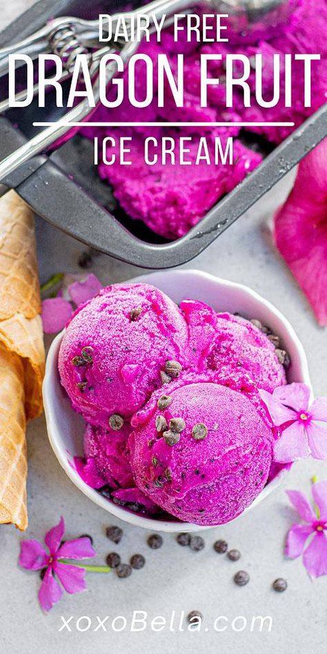 Dairy Free Dragon Fruit Ice Cream - No Churn | xoxoBella Ice Cream Without Heavy Cream, Dragon Fruit Ice Cream, Colourful Ice Cream, Ice Cream Flavour, Dragonfruit Recipes, Churn Ice Cream, Dairy Free Recipes Dessert, Dragon Fruit Smoothie, Buah Naga