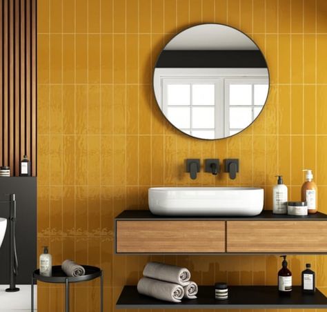 Yellow Tiles Bathroom Ideas, Mustard Bathroom Tiles, Mustard Bathroom Decor, Yellow Tiles Bathroom, Mustard Yellow Bathroom Ideas, Bathroom Yellow Tile, Bathroom Warm Tones, Mustard Yellow Bathroom, Yellow Tile Bathroom Ideas