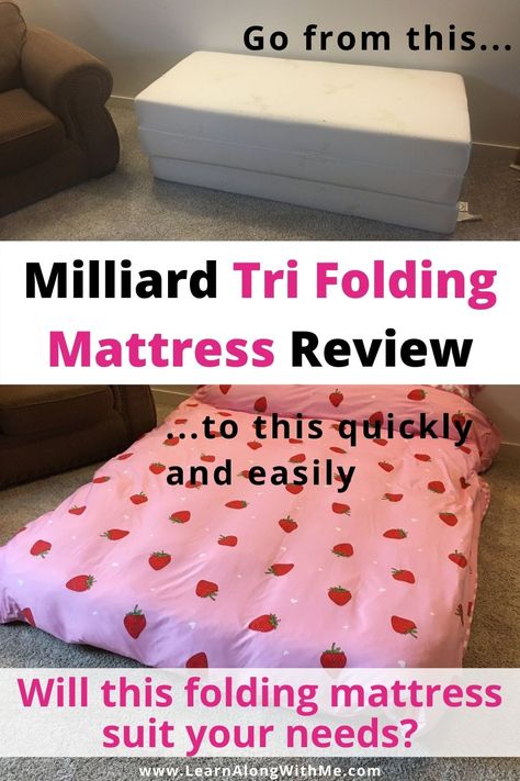 Showing a the Milliard 6 inch memory foam tri fold mattress all folded up, and then shows a picture of it spread out on the floor, covered in bedding and ready to be used by guests.  If you're thinking of getting a folding mattress, read this for more details. How To Make A Mattress, Diy Folding Mattress, Air Mattress Hacks, Mattress Stand, Diy Mattress, Japanese Floor Mattress, Small Bedroom Organization, Fold Out Beds, Small Bedroom Storage