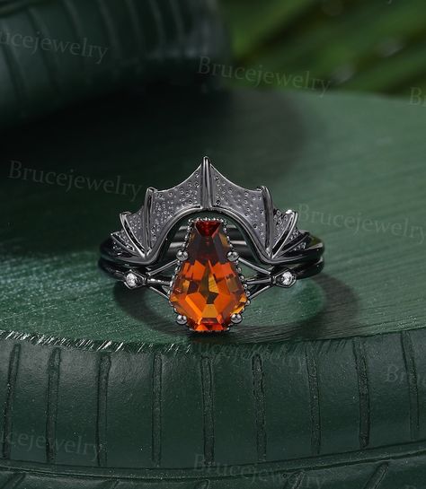 Coffin Shaped Orange Citrine Engagement Ring Set Vintage Black Gold Moissanite Ring Set Gothic Diamond Three Stone Ring Bat Bridal Set - Etsy Halloween Engagement Ring, Coffin Ring Engagement, Coffin Wedding Ring, Coffin Engagement Ring, Engament Rings, Citrine Engagement Ring, Gold Moissanite Ring, Citrine Ring Engagement, Coffin Ring