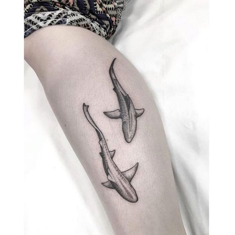 Thresher Shark Tattoo Ideas, White Tip Reef Shark Tattoo, 2 Sharks Tattoo, Shark Patchwork Tattoo, Shark Tattoo Wrist, Two Sharks Tattoo, Blue Shark Tattoo, Blacktip Shark Tattoo, Feminine Shark Tattoo For Women