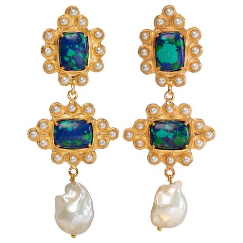 Christie Nicolaides, Statement Earrings Gold, Runway Jewelry, Amazonite Stone, Blue Bridal, Gold And Blue, Statement Drop Earrings, Earrings Green, Silver Plated Jewelry