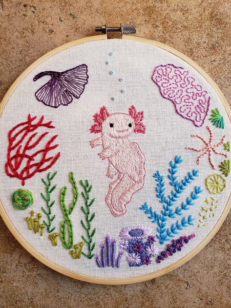 Axolotl Embroidery, Embroidery Stitches Beginner, Art Album, Embroidery Patterns Vintage, Pola Sulam, Cute Embroidery, Embroidery Patterns Free, Simple Embroidery, Arte Inspo