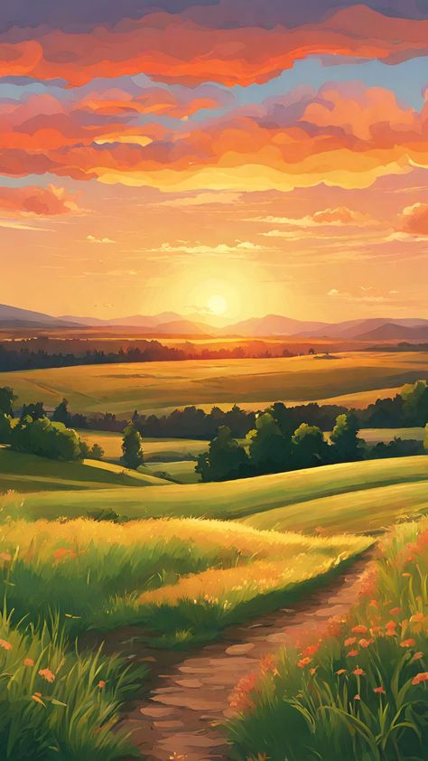 Anime Skies, Cartoon Sunset, Sunset Paintings, Anime Nature, Drawing Borders, Sunrise Scenery, Grass Painting, Landscape Painting Tutorial, Landscape Inspiration