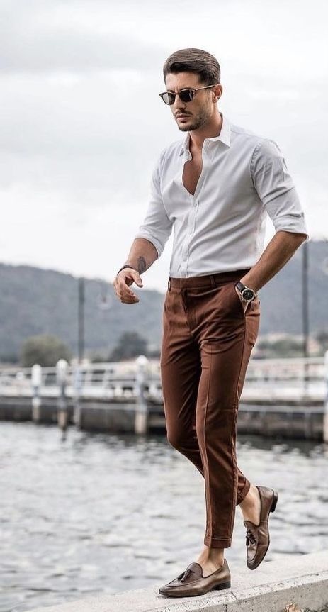 Mirko Outfit, Brown Pants Outfit Men, Formals For Men, Mens Formal Outfits, Mens Lookbook, Brown Pants Outfit, Surya Actor, Dark Brown Pants, White Shirt Outfits