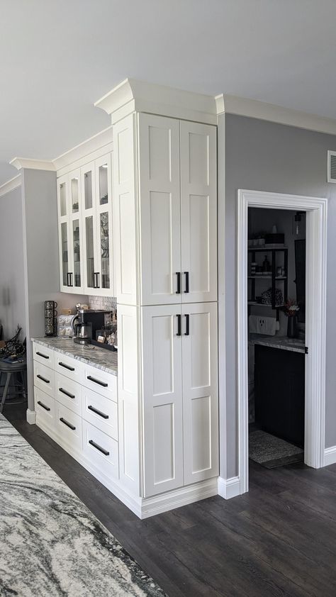 Kitchen Pantry In Small Kitchen, Deck Off Of Kitchen, Kitchen In Two Rooms, Peninsula Next To Fridge, Extra Tall Upper Kitchen Cabinets, Cool Kitchen Layouts, Kitchen Layout With Lots Of Doors, Half Depth Kitchen Cabinets, Large Kitchen Pantry Cabinets