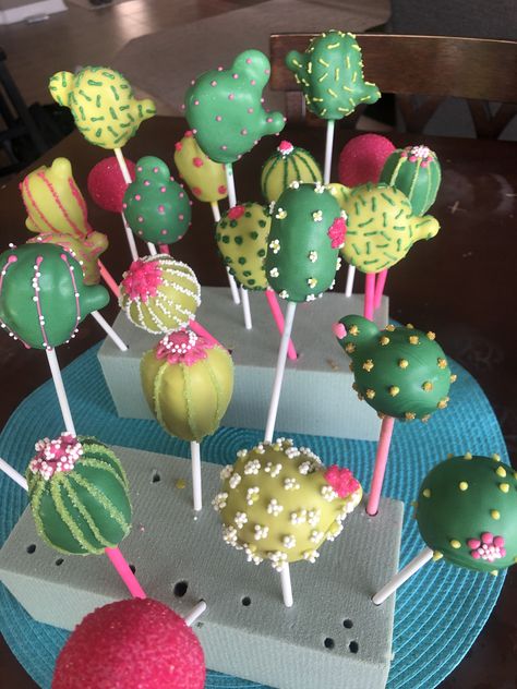 Cake Pops Mexican Theme, Taco Themed Cake Pops, Succulent Themed Party Food, Llama Cake Pops, Cactus Rice Krispie Treats, Cactus Themed Birthday Party, Succulent Cake Pops, Cactus Pretzel Sticks, Encanto Cake Pops