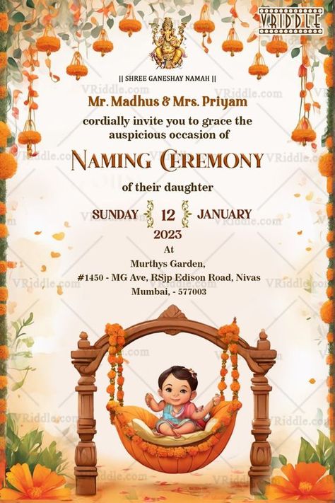 Indian Baby Shower Invitations, Naming Ceremony Invitation, Wedding Illustration Card, Naming Ceremony Decoration, Cradle Ceremony, Marigold Flowers, Indian Wedding Invitation Cards, Wedding Stage Design, Wedding Album Design