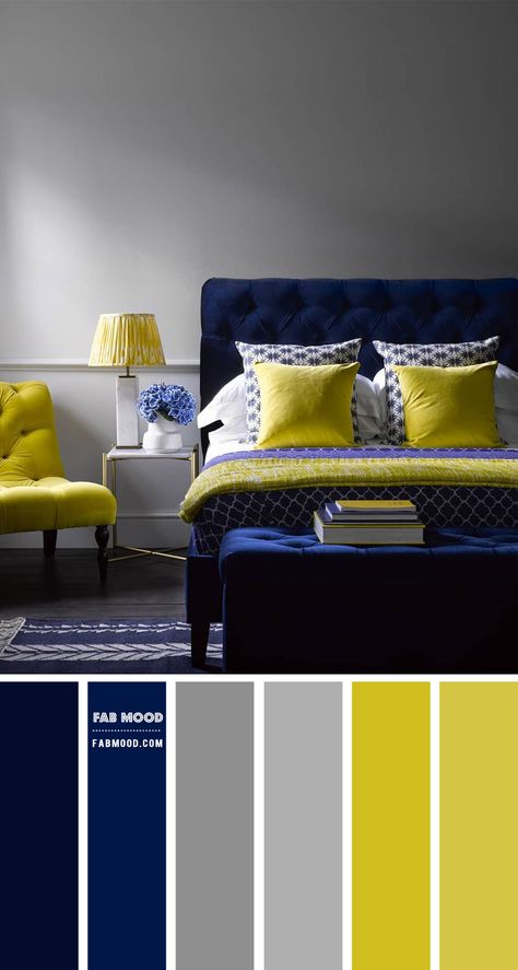 1. Navy blue and Lemon Colour Scheme for Grey Bedroom Hey lovely people! Hope you all had a wonderful Christmas, and wishing you all... Bedroom Color Schemes Grey, Grey Colour Scheme Bedroom, Grey Wallpaper Bedroom, Yellow Gray Bedroom, Grey Bedroom Colors, Grey And Yellow Living Room, Blue Bedroom Colors, Grey And Gold Bedroom, Gray Bedroom Walls