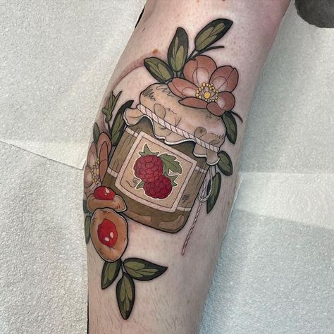 Cottagecore Tattoo, Jar Tattoo, Peach Tattoo, Fruit Tattoo, Garden Tattoos, Food Tattoos, Bff Tattoos, Food Illustration Art, Jar Art