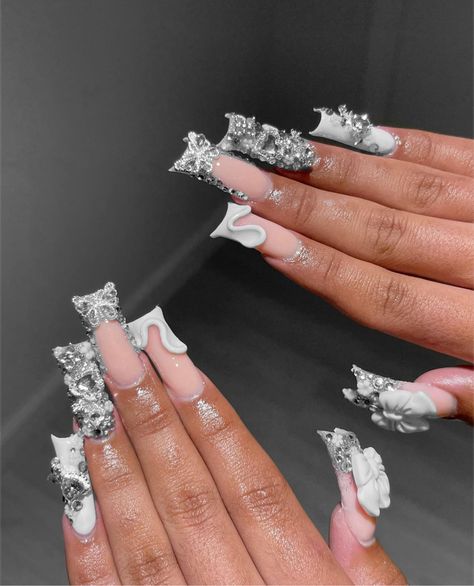 drilledbysosa on ig White Blinged Out Nail Sets, Long Acrylic Nails With Diamonds, Silver Diamond Nails, Reflective Nails Art Designs, White Tip Nails With Design, White Junk Nails, Silver White Nails, Winter Birthday Nails, 21st Birthday Nail Ideas