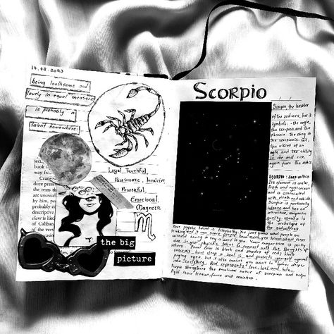 Zodiac Sign Journal Page, Scorpio Journal Ideas, Scorpio Journal, Aesthetic Art Journal, Scorpio Aesthetic, Aquarius Aesthetic, Scorpio Art, Page Scrapbooking, Zodiac Journal