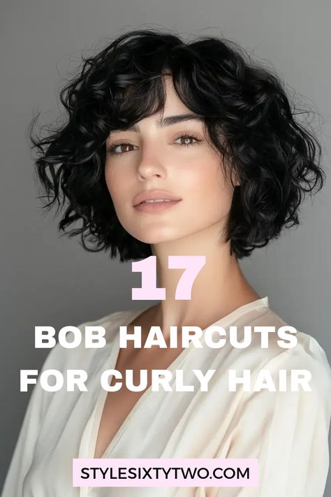 For curly hair, a bob haircut offers the perfect blend of style and practicality. Stacked bobs or short classic cuts bring out the best in your curls, adding shape and volume. Wavy textures are enhanced with this style, creating a flattering and easy-to-maintain look that showcases your natural waves and beauty. Square Jaw Curly Hair, Curly Bobs For Round Faces, Short Curly Hair Styles For Round Faces, 2c Haircuts Short, Curly Chin Length Bob, Undercut Curly Hair Woman, Short Curly Dark Hair, Shoulder Length Curly Haircut, 2c Short Hair