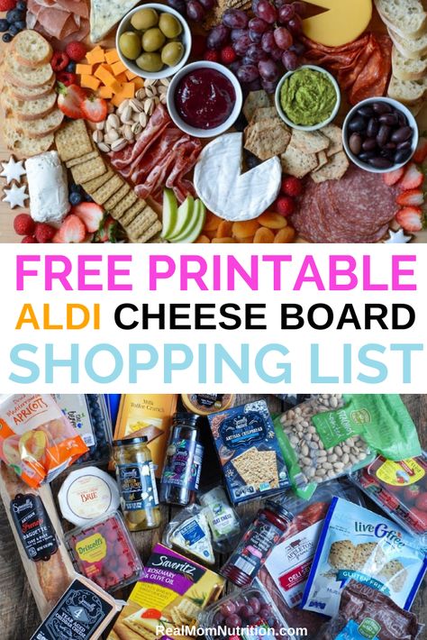 Make an epic (and affordable!) ALDI cheese board for your next party with this free printable grocery shopping list. #cheeseboard #charcuterieboard #appetizerideas #partyrecipes #realmomnutrition Chechuteri Board, Charcuterie Board Essentials, Kroger Charcuterie Board, List For Charcuterie Board, Charcuterie Board Ideas For Fall, Easy Charcuterie Board Dips, Shopping List For Charcuterie Board, Charcuterie List Printable, Charcuterie Board Food List