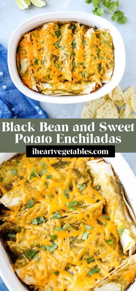 These black bean and sweet potato enchiladas have a sweet and spicy filling that will have you coming back for seconds! It’s easy to make and filled with plenty of healthy ingredients! Black Bean Sweet Potato Enchiladas, Sweet Potato Black Bean Enchiladas, Sweet Potato Enchiladas, Potato Enchiladas, Black Bean And Sweet Potato, Bean And Sweet Potato, Sweet Potato Black Bean, Gluten Free Sweet Potato, Black Bean Enchiladas