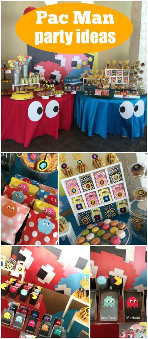 How cool is this Pac-Man retro party?! See more party ideas at CatchMyParty.com! Retro Games Party, Retro Game Party, Pacman Party Games, Pac Man Party Ideas, Pacman Party Ideas, Pac Man Party Decorations, Game Decorations Party, Pac Man Decorations, Retro Arcade Party