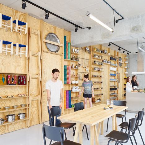 Tools and furniture hook onto a plywood wall in Paris cookery classroom by Septembre Plywood Wall, Plywood Storage, Cooking In The Classroom, Plywood Walls, Industrial Design Furniture, Workshop Design, Vintage Industrial Furniture, Display Furniture, Plywood Furniture