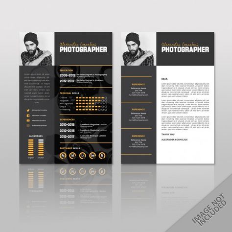 Resume photographer black Premium Vector | Premium Vector #Freepik #vector #business #design #template #resume Photographer Resume, Curriculum Vitae Design, Creative Cvs, It Cv, Cv Ideas, Curriculum Vitae Resume, Architecture Portfolio Layout, Cv Template Word, V Design