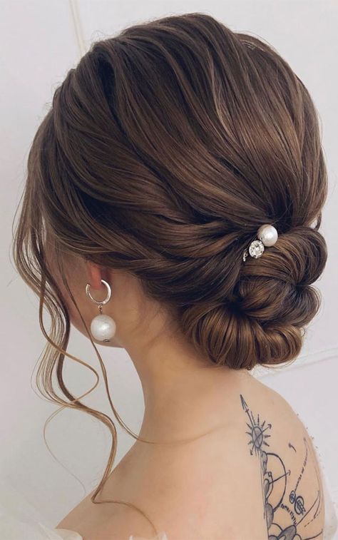 Elegant Updo With Braid, Updos For Medium Length Hair Formal, Ball Hairstyles For Medium Length Hair, Elegant Loose Updo, Casual Wedding Guest Hair, Prom Hairstyles Low Bun With Braid, Hair Ideas For Prom Updos, Low Loose Updo Wedding Bridesmaid Hair, Casual Updos For Medium Length Hair