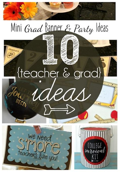 10 Teacher & Grad Ideas at GingerSnapCrafts.com #teacher #grad #giftideas Teacher Graduation Party, College Graduation Party Decorations, College Survival Kit, College Grad Party, College Graduation Party, Teacher Party, Easy Teacher Gifts, Grad Banner, Diy Graduation Gifts