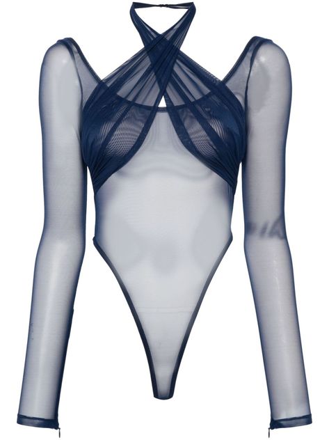 Find LAQUAN SMITH Mesh Layered Bodysuit on Editorialist. Navy blue Stretch mesh design Layered effect Scoop and halter neck Long sleeves Low back Zip rear fastening High cut Unlined Made in the US Just a reminder that this piece must be tried on over your own garments. Fish Net Bodysuit, Plunge Bodysuit, Laquan Smith, Mock Neck Bodysuit, Halter Bodysuit, Backless Bodysuit, Bodysuit Designs, Bodysuit Blouse, Square Neck Bodysuit