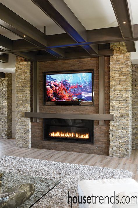 Electric Fireplace Tv Wall Stone, Stone Wall Fireplace With Tv Stand, 70” Tv Over Fireplace, Tv Fishtank Fireplace Iñ Wall, Indoor Fireplaces, 75” Electric Fireplace, Built In Electric Fireplace, Screen Wall, Home Garden Ideas