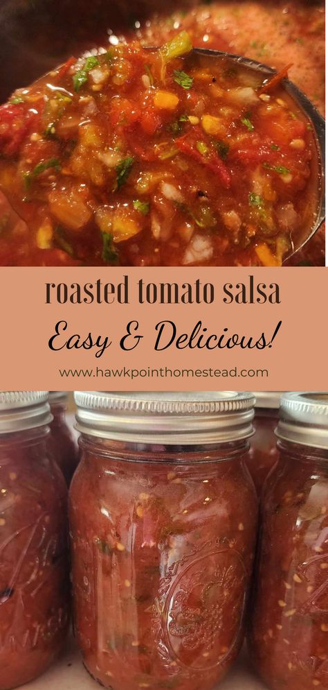 This is the best homemade salsa recipe with roasted tomatoes and peppers! I love making salsa. It is the first recipe I ever canned and I also love eating the salsa! Who does not love homemade salsa? This recipe that is made with roasting the tomatoes and peppers, is especially good. The roasting of the tomatoes and peppers gives the salsa a better flavor, plus I find that roasting the tomatoes is a good way to remove the moisture and make the salsa thicker. Tomato Salsa Canning, Roasted Tomato Salsa Recipe, Salsa With Canned Tomatoes, Roasted Salsa Recipe, Best Homemade Salsa, Fire Roasted Salsa, Making Salsa, Canned Salsa Recipes, Salsa Canning Recipes