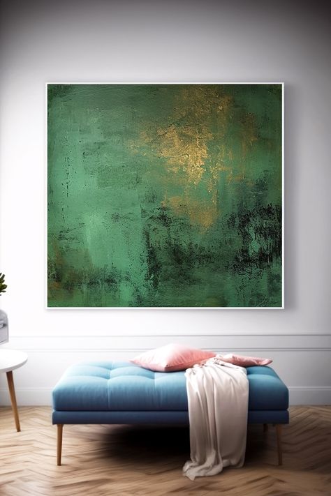 Original handmade abstract painting with textured emerald green background and gold accents, creating a luxurious and calming atmosphere Green And Gold Abstract Painting, Painting Prompts, Emerald Green Background, Gold Abstract Painting, Sponge Painting, Calming Atmosphere, Green Wall Art, Handmade Artwork, Green Background