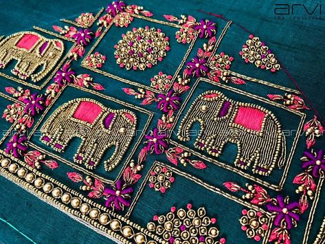 No photo description available. Patola Handwork Blouse, Peacock Elephant Maggam Work Blouses, Elephant Blouse Designs, Elephant Embroidery Design Blouse, Elephant Design Blouse Work, Elephant Work Blouse Designs, Elephant Maggam Work Designs, Arvi The Couturier, Patches Design