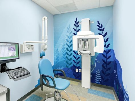 Pediatric Dental Office Decor, X Ray Room, Dental X Ray, Medical Clinic Design, Ocean Mural, Pediatric Dental Office, Dentist Office Design, Dental Office Design Interiors, Modern Reception Desk