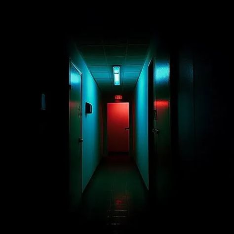 ↑↑↑ Larger size on website 🔸 The image shows a dimly lit hallway with a red exit door at the end. The hallway is lined with white Never Ending Hallway, End Of Hallway, Hallway Door, Fluorescent Light Fixture, Blue Glow, Fluorescent Light, White Walls, Art Images, Hallway