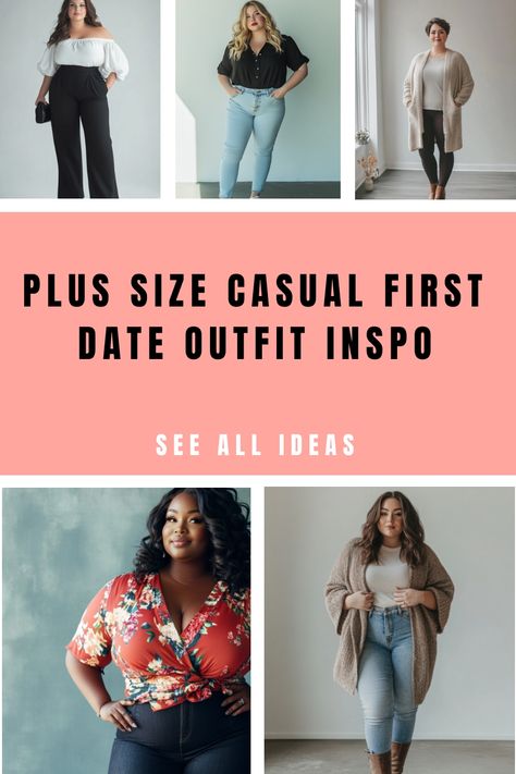 Plus size casual outfit inspiration for a first date, featuring diverse styles and models. Bar Date Outfit Plus Size, Plus Size Casual Date Outfit, Plus Size Date Night Outfits Casual, Date Outfit Plus Size, Bar Date Outfit, Casual First Date Outfit, Plus Size Date Night Outfits, Cute Plus Size Outfits, First Date Outfit Ideas