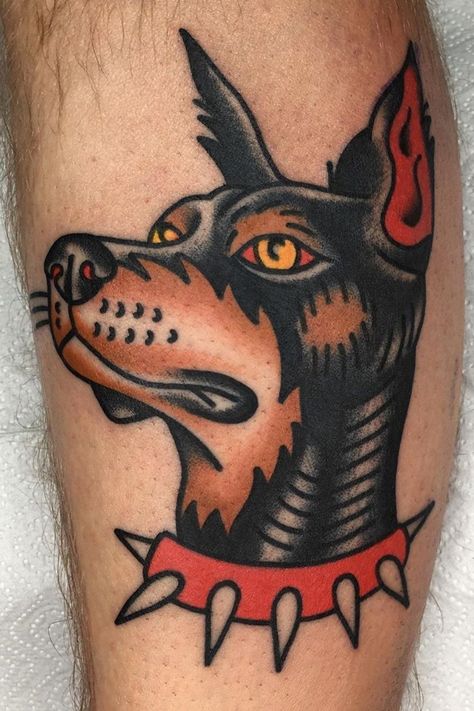 American Traditional German Shepherd Tattoo, American Traditional Dog Portrait, Dog American Traditional Tattoo, Neo Traditional Dog Tattoo, Dog Tattoo Men, Trad Dog Tattoo, Traditional German Shepherd Tattoo, Old School Dog Tattoo, Traditional Doberman Tattoo