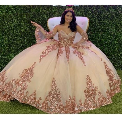 Sparkly Ball Gown, Dresses Puffy, Gold Quinceanera, Rose Gold Quinceanera, Tulle Formal Dress, Quinceanera Theme, Dresses Ruffles, Luis Guzman, Sequin Ball Gown