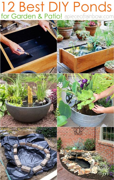 12 best DIY pond ideas & tutorials, from easy kits for small garden & patio water feature to beautiful backyard waterfall with plants & fish! - A Piece of Rainbow, outdoor projects, fountain, landscaping, gardening, curb appeal, landscape design, summer, koi ponds, #gardendesign #landscaping #gardenpath #gardens #gardening #curbappeal #landscape #diy Patio Water Garden Ideas, Landscape Around Pond Ideas, Easy Backyard Pond, Backyard Water Features Diy, Small Water Ponds Ideas, Diy Pond With Fountain, Water Feature With Plants, Pond In The Garden, Small Pond Ideas Container Water Gardens