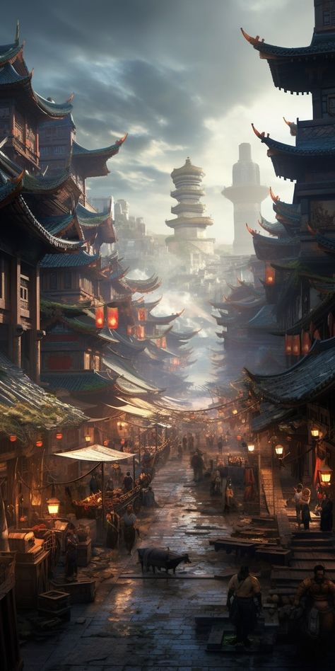 Sinegard Academy, Fantasy Chinese City, Japanese Fantasy City, Chinese Palace Fantasy Art, Chinese Fantasy Art Landscape, Fantasy Town Concept Art, Chinese Fantasy Art, Japanese City Art, Japanese Fantasy Art