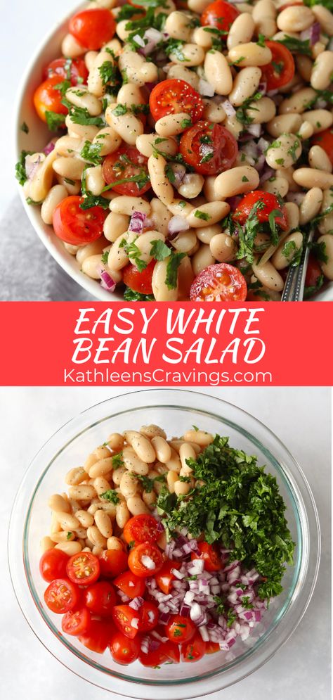 Easy White Bean Salad is a fresh, healthy, and simple vegan side dish! Perfect served with so many meals and it’s great for summer grilling season. Just canned white beans, some veggies, and an easy lemon dressing. White Bean Salad Recipes, Easy Healthy Side Dishes, Burger Side Dishes, White Bean Salad, Bean Salad Recipes, Vegan Side Dishes, Vegan Sides, Summer Grilling, Grilling Season