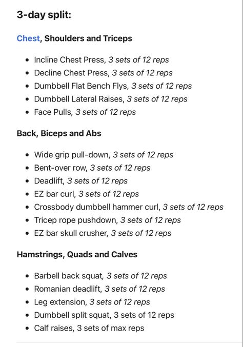 3 day split workout plan with muscle group combinations per day. Full Body Workout At Gym 3 Days, Womens 3 Day Workout Plan, Workout Split Schedule Women, Workout Gym Plan For Women, Workout Schedule 3 Day Split, 3 Times A Week Workout Plan Gym, 3 Day Workout Plan For Women Beginner, Two Day Workout Split, Body Group Workout Plan