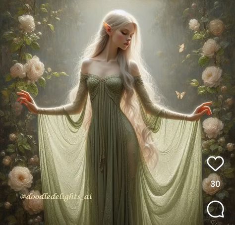 Elvish Princess Aesthetic, Elf Queen Dress, Fantasy Fae Dress, Fairy Queen Dress, Enchanted Gown, Princess Dress Fantasy, Elf Dresses, Forest Fairy Dress, Fae Cosplay