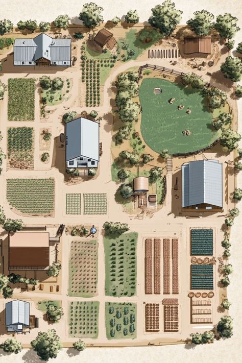 Illustrated farm layout with houses, barns, and vegetable plots. A pond with a fence is at the top right. Trees border the rustic landscape. One Acre Homestead Layout, Farm Landscape Design, Acre Homestead Layout, Homestead Garden Layout, Homestead Layout, Food Forest Garden, Self Sufficient Homestead, Modern Homestead, Homesteading For Beginners