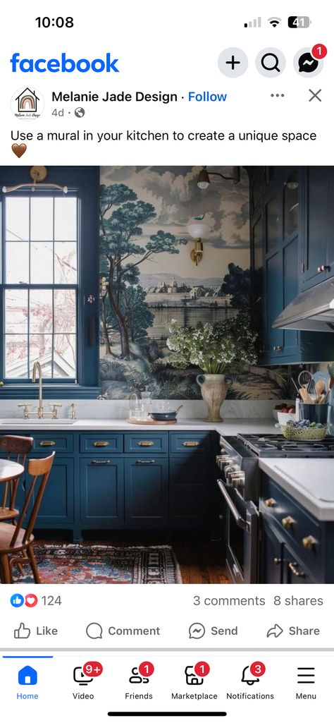 Navy Kitchen Walls, Chinoiserie Kitchen, Navy Kitchen, Blue Chinoiserie, Kitchen Walls, Vintage Farm, Blue Kitchens, Home Reno, Southern Living