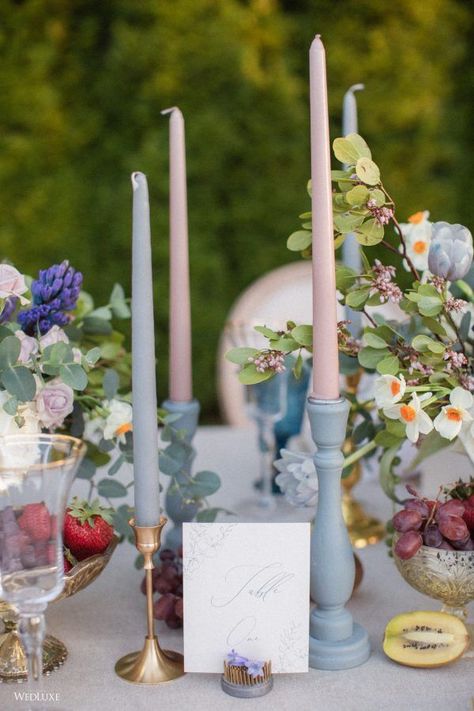 French Country Wedding Decor, Garden Wedding Tablescape, Provincial Wedding, Summer Wedding Table, Pastel Candles, French Themed Wedding, Bridgerton Wedding, Pastel Candle, Blue And Blush Wedding