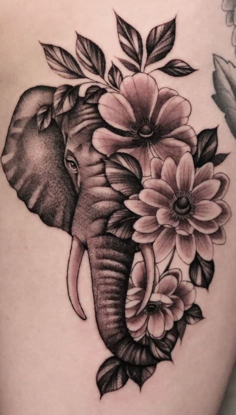 Elephant And Floral Tattoo, Elephant Tattoos With Flowers, Elephant And Flowers Tattoo Design, Elephant And Cherry Blossom Tattoo, Elephant Tattoos With Flowers Forearm, Elephant Thigh Tattoo, Lillies Tattoo, Tattoo Outline Drawing, Elephant Tattoo